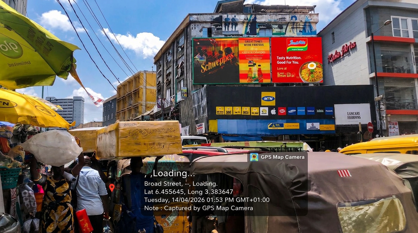 Backlit portrait panel – Broad Street, Balogun Market advertising face and surrounding environment