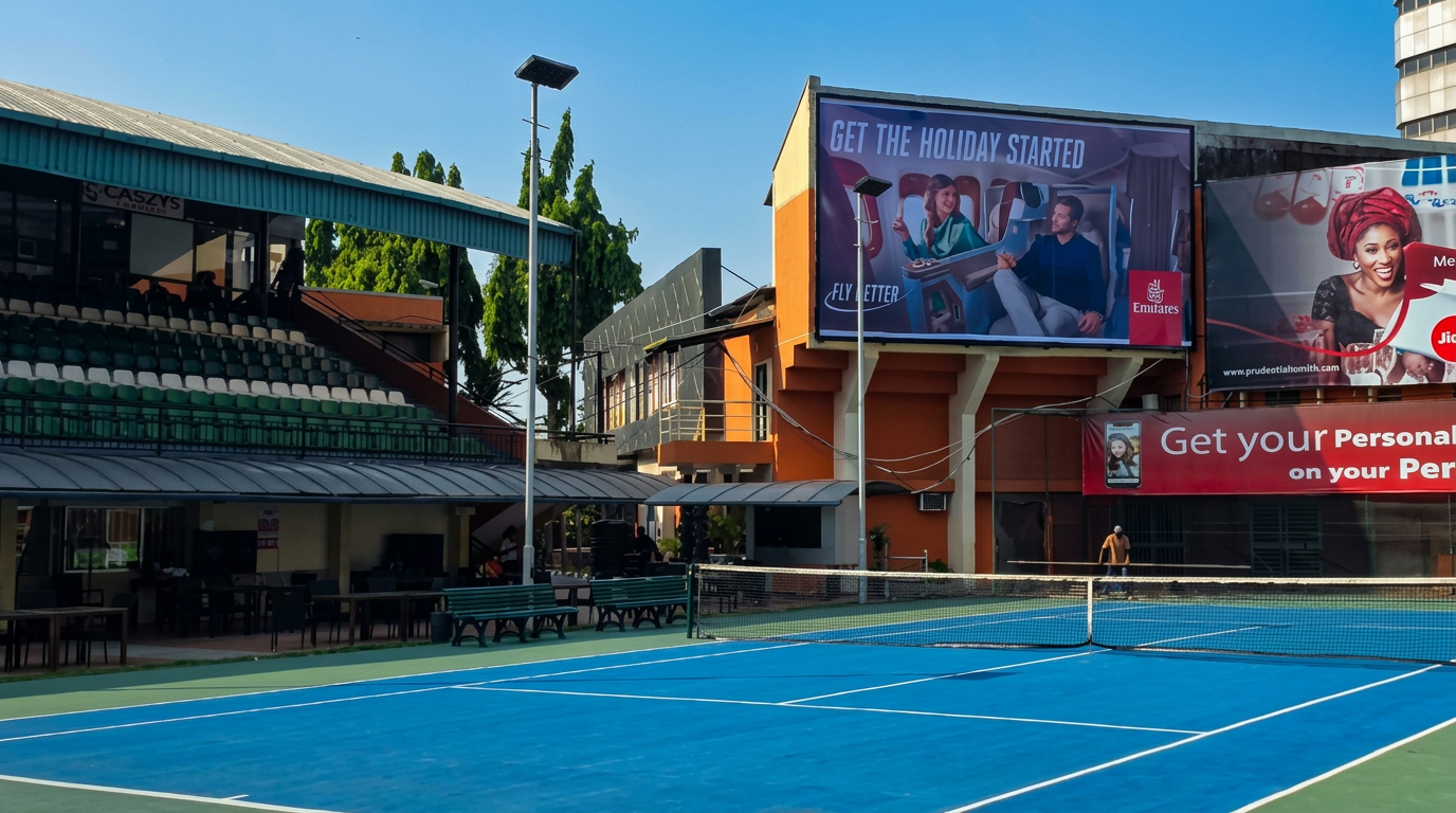 Wall panel – Ikoyi Club lawn tennis court advertising face and surrounding environment