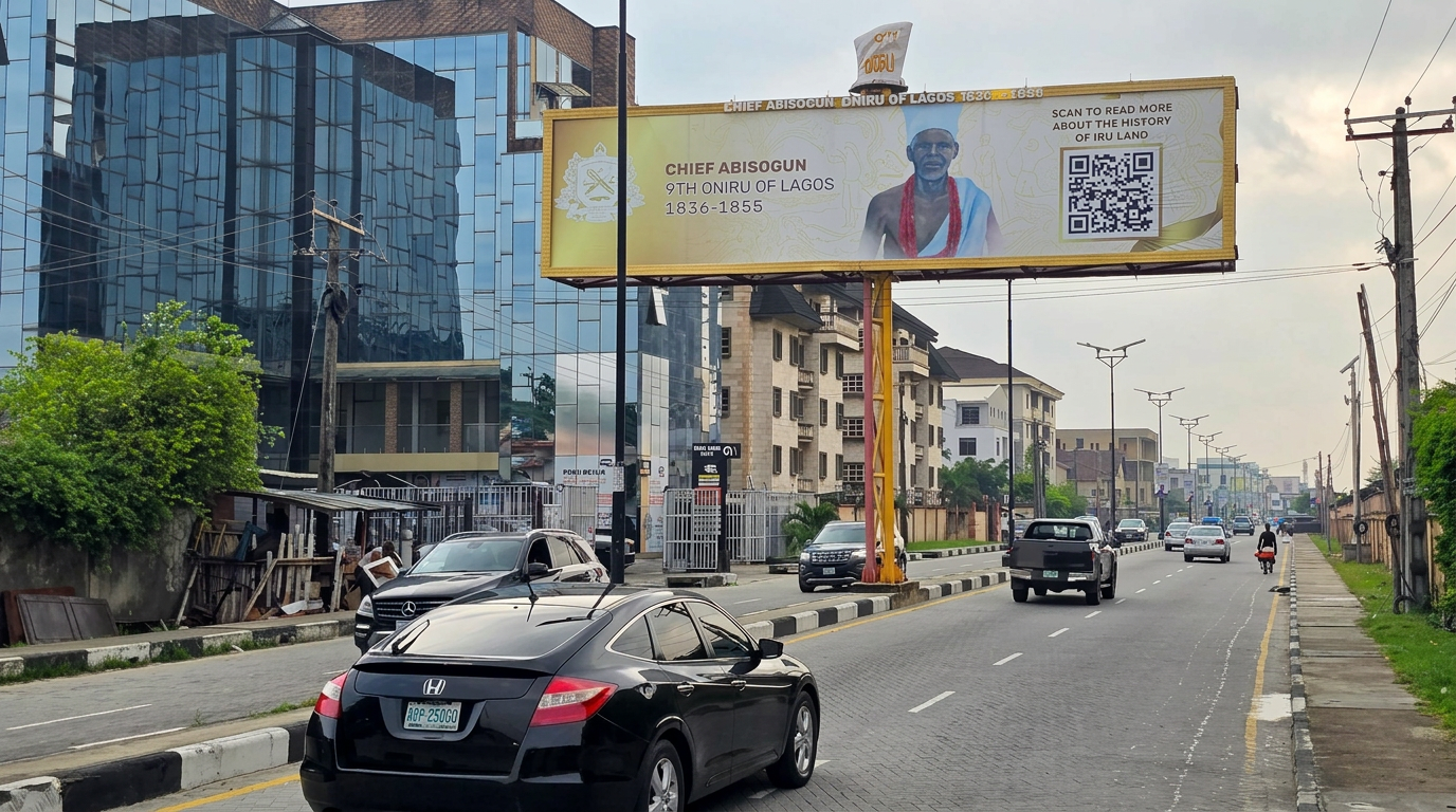 9th Oniru gantry – Chief Yesufu by Grace Arena Plaza advertising face and surrounding environment