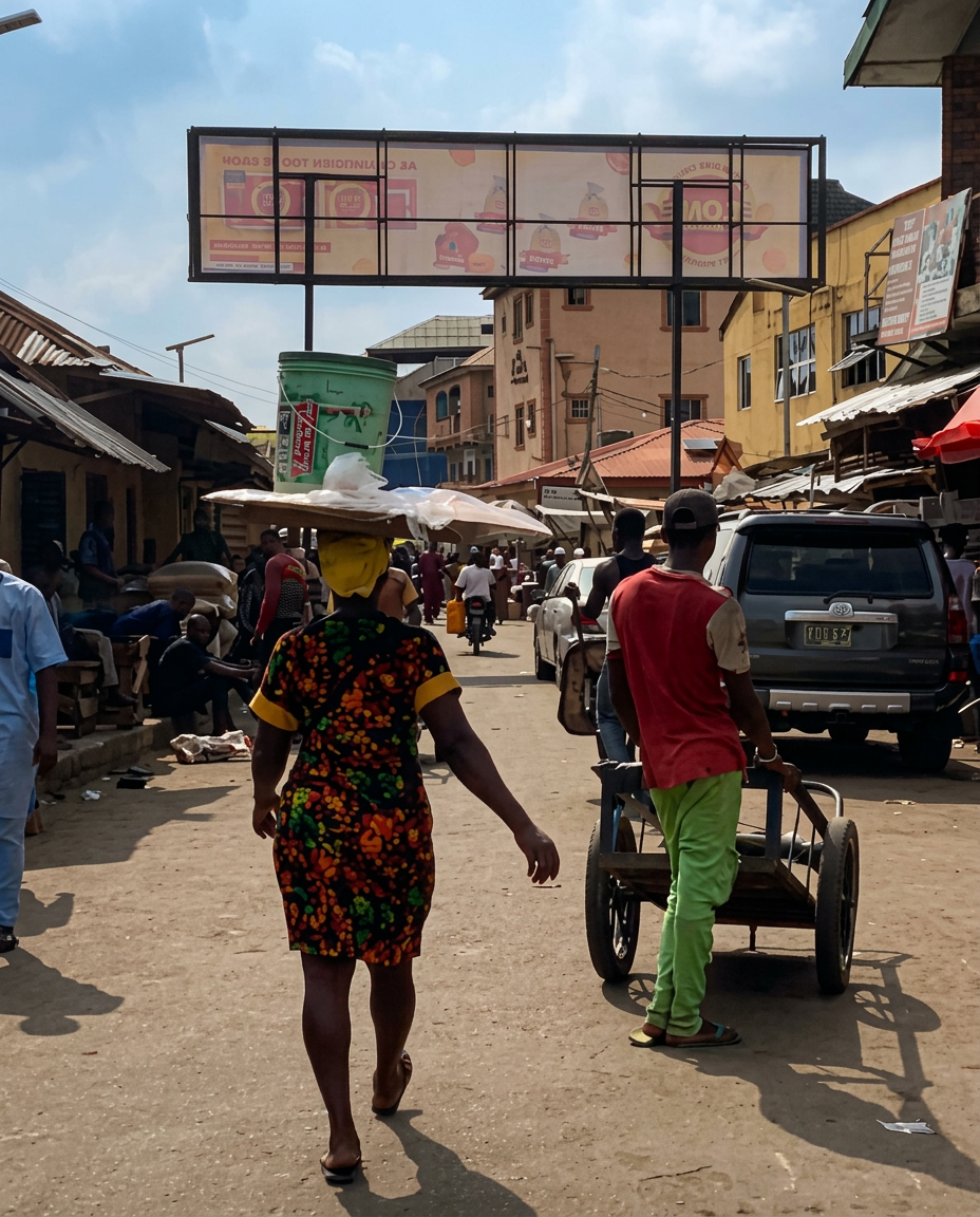 Market arcade – Akerele Street off Papa Ashafa (Face 2) advertising face and surrounding environment